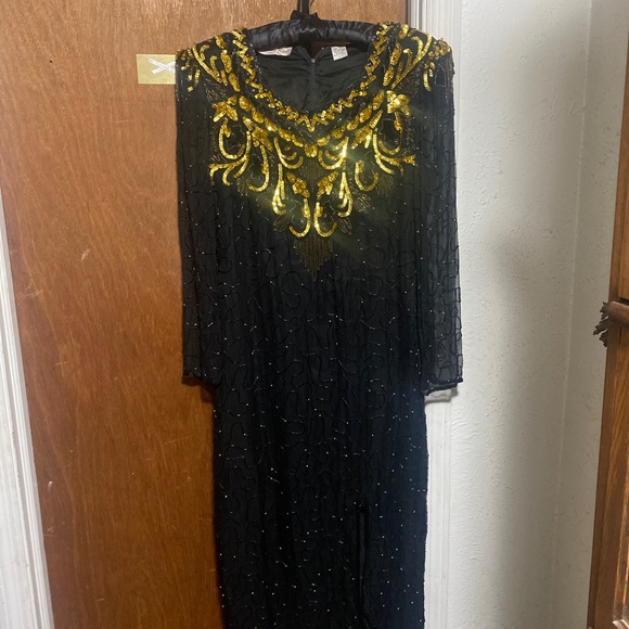 Vintage Laurence Kazar Beaded Black & Gold Silk Formal Evening Gown Size Large - Picture 2 of 7